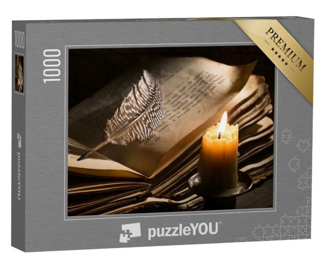 Puzzle 1000 Teile „Kerze neben einem mittelalterlichen Buch“