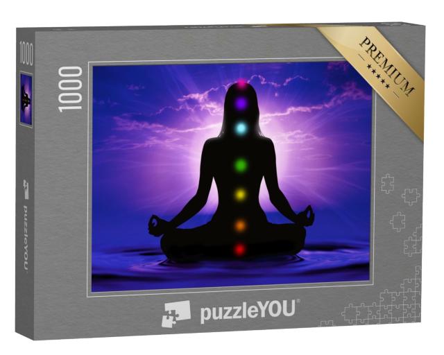 Puzzle 1000 Teile „Silhouette einer Frau, die Yoga macht und sieben Chakrapunkte erreicht hat“