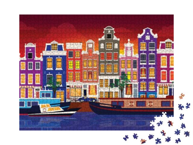 Puzzle 1000 Teile „Vektor-Illustration der bunten Häuser von Amsterdam“
