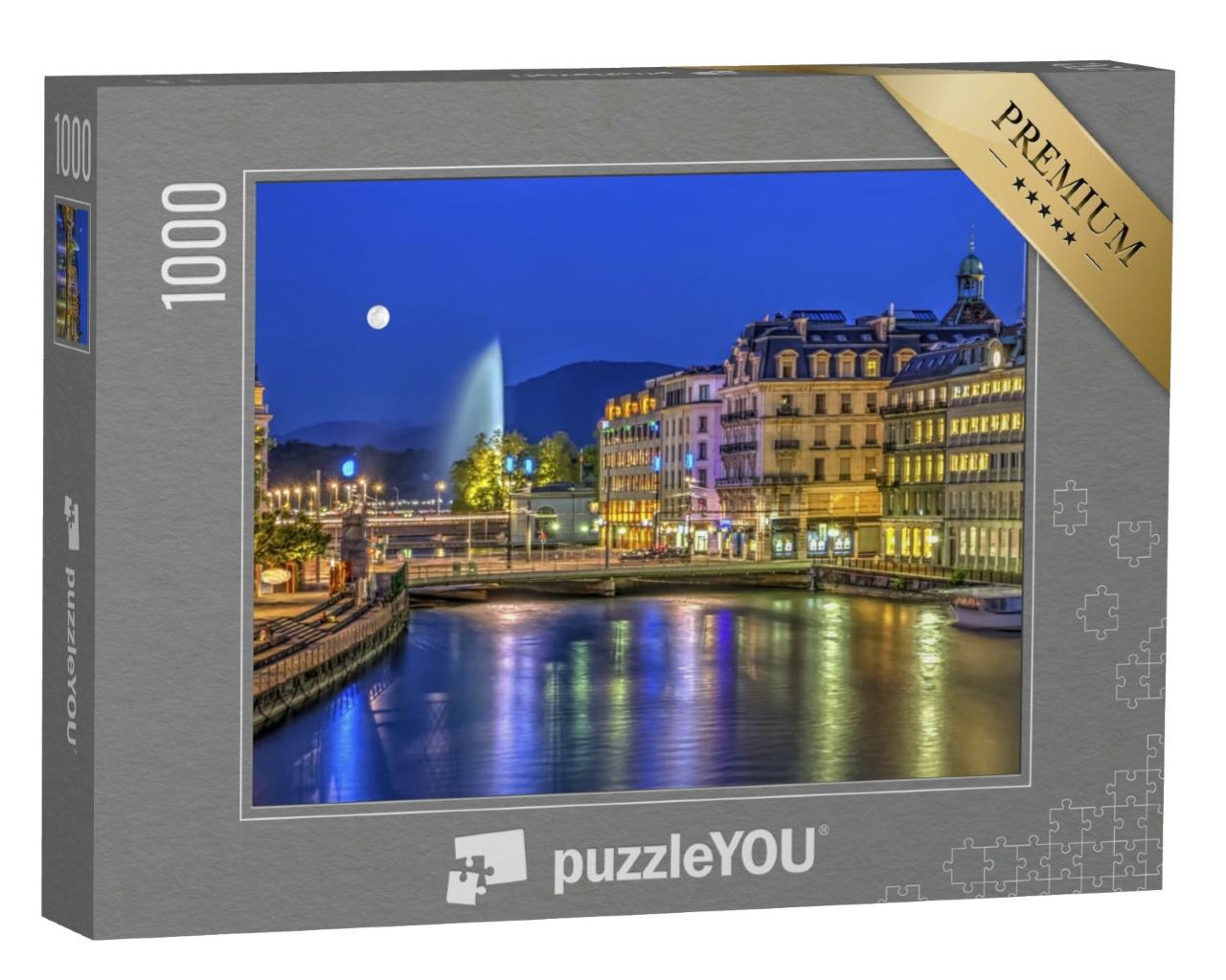Puzzle 1000 Teile „Stadtansicht mit berühmtem Springbrunnen bei Nacht, Genf, Schweiz“