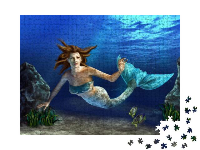 Puzzle 1000 Teile „Meerjungfrau beim Tauchen im Meer“
