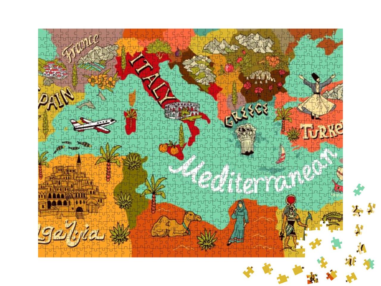 Puzzle 1000 Teile „Illustrierte Karte: Länder am Mittelmeer“