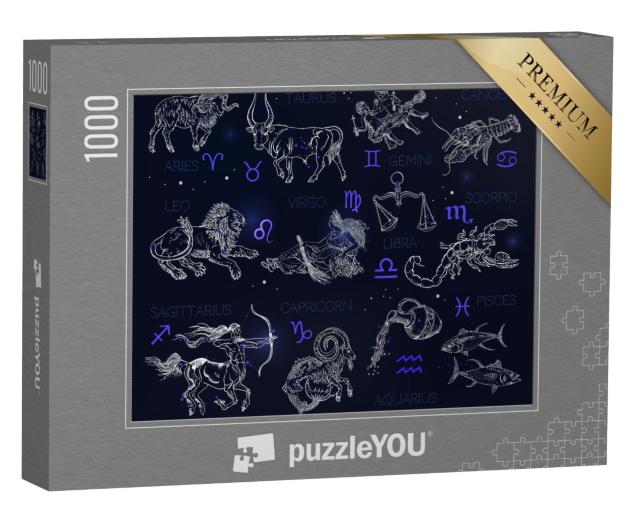 Puzzle 1000 Teile „Konstellationen, Tierkreiszeichen, Horoskope, Vintage-Gravur-Stil“