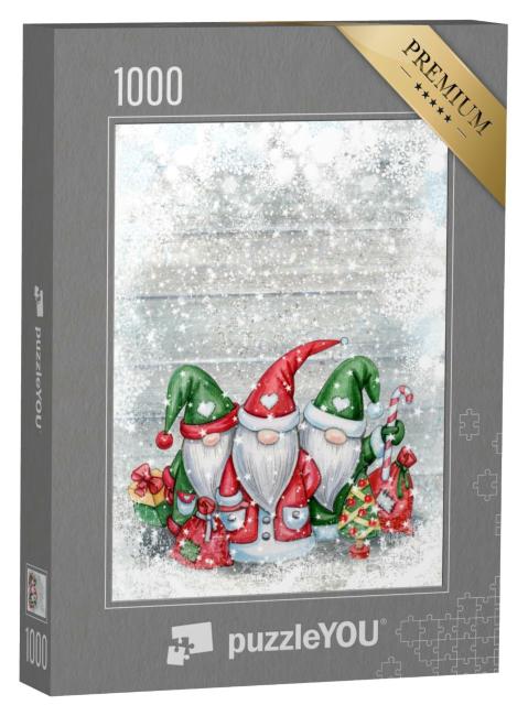 Puzzle 1000 Teile „Cartoons mit Weihnachtswichteln, Grußkarte für Weihnachten“