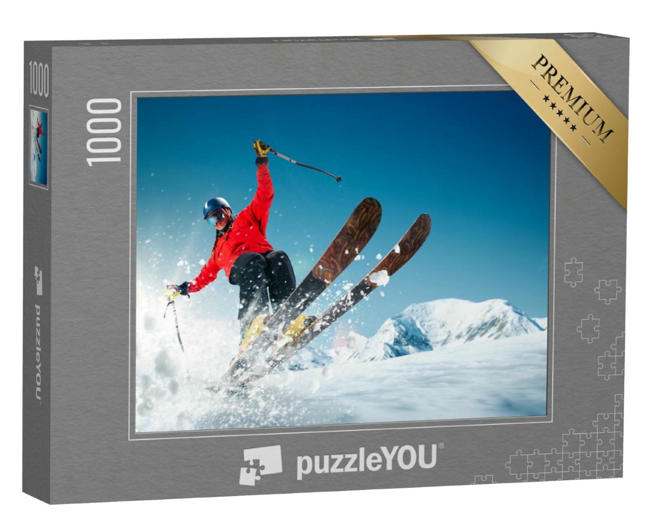 Puzzle 1000 Teile „Blick von unten: Skifahrer beim Sprung“