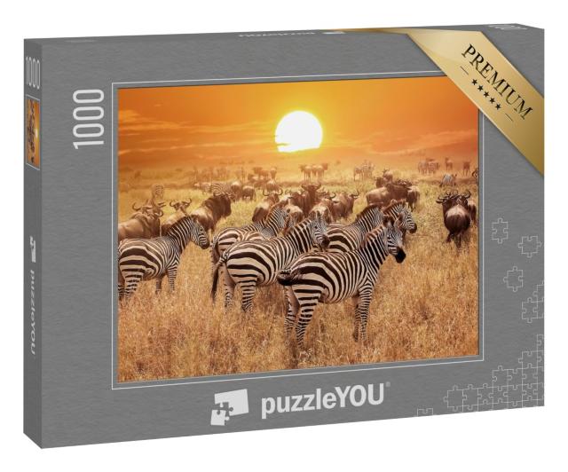 Puzzle 1000 Teile „Zebra bei Sonnenuntergang im Serengeti-Nationalpark, Afrika, Tansania“