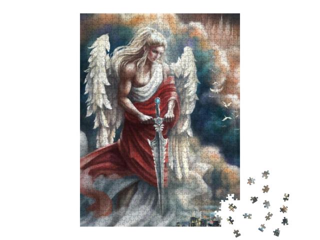 Puzzle 1000 Teile „Engel in antiker Kleidung und rotem Gewand mit einem Schwert “