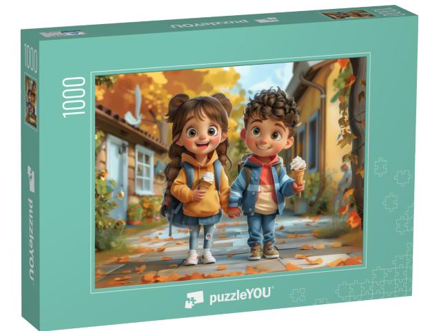 Puzzle 1000 Teile „Schulfreunde unterwegs mit einem Eis“