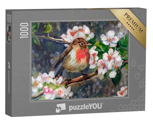 Puzzle 1000 Teile „Ölgemälde: Rotkehlchen im blühenden Apfelbaum“