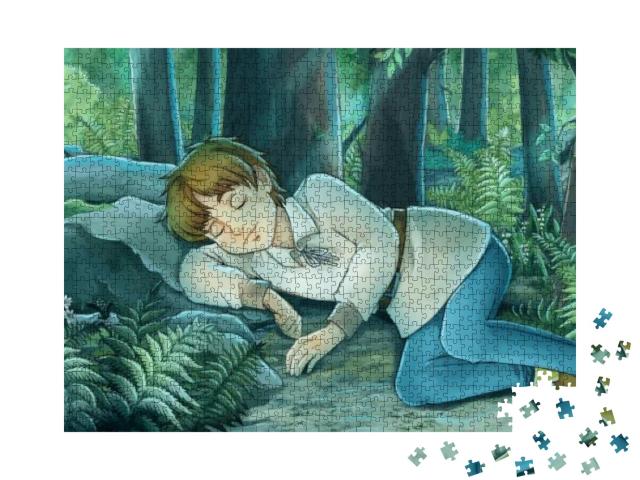 Puzzle 1000 Teile „Junge schläft friedlich im Wald“