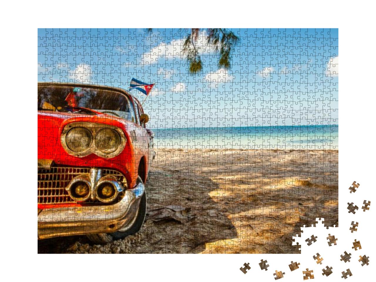 Puzzle 1000 Teile „Amerikanischer Oldtimer am Strand Cayo Jutias auf Kuba“
