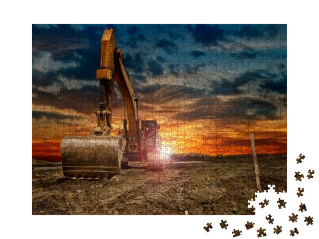 Puzzle 1000 Teile „Bagger auf der Baustelle im Sonnenuntergang“