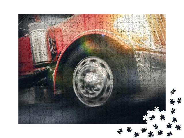 Puzzle 1000 Teile „Roter amerikanischer Truck im Regen mit der Vorderseite im Vordergrund“