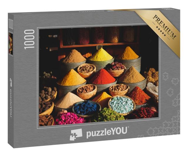 Puzzle 1000 Teile „Bunte Gewürze auf einem traditionellen Markt in Marrakesch, Marokko“