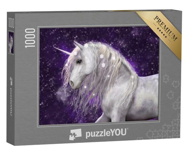 Puzzle 1000 Teile „Ein wunderschönes weißes Einhorn mit silberner Mähne mit Schnee “