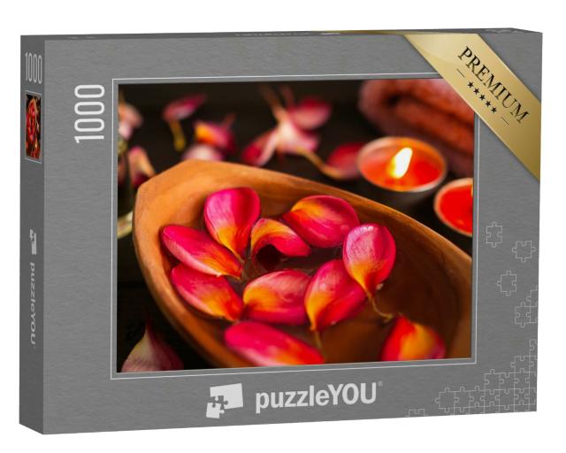 Puzzle 1000 Teile „Rote Plumeria Blütenblätter, Kerze, Handtuch, Massageöl“