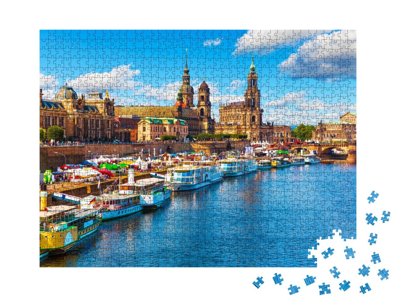 Puzzle 1000 Teile „Sommerblick auf die Altstadtarchitektur mit Elbufer, Dresden, Sachsen, Deutschland“