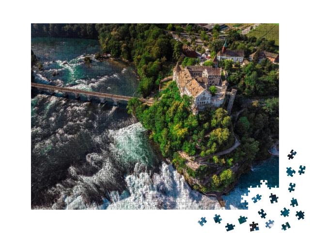 Puzzle 1000 Teile „Atemberaubender Blick auf Schloss Laufen beim Rheinfall von Schaffhausen, Schweiz“