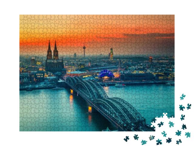 Puzzle 1000 Teile „Sonnenuntergang über Köln am Rhein“