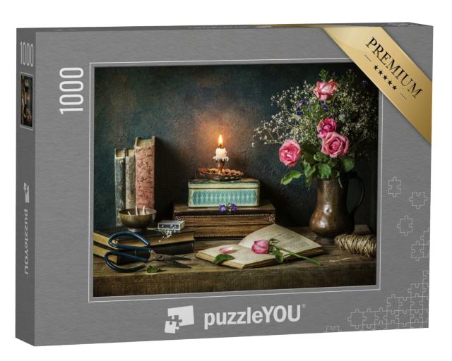 Puzzle 1000 Teile „Stillleben mit  alten Büchern, Boxen und Rosen“