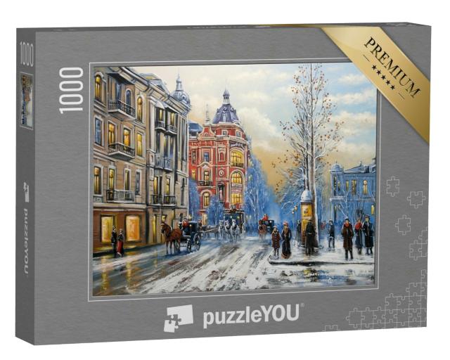 Puzzle 1000 Teile „Ölgemälde einer von Schnee bedeckten Stadt, Kunst“