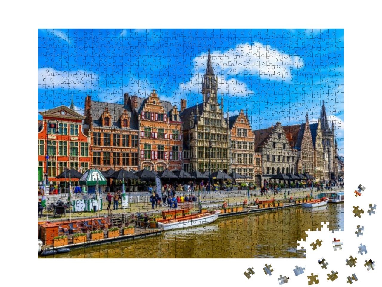 Puzzle 1000 Teile „Historischer Graslei-Kai und Fluss Leie im historischen Stadtzentrum von Gent, Belgien“