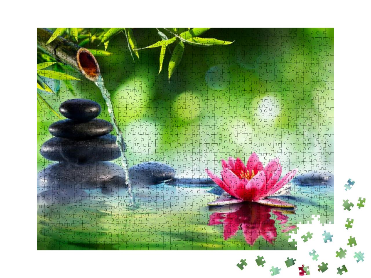 Puzzle 1000 Teile „Spa-Steine und Seerose mit Springbrunnen im Zen-Garten“