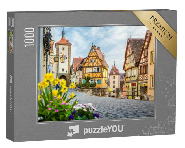 Puzzle 1000 Teile „Stadt Rothenburg ob der Tauber mit blühenden Blumen,  Deutschland“