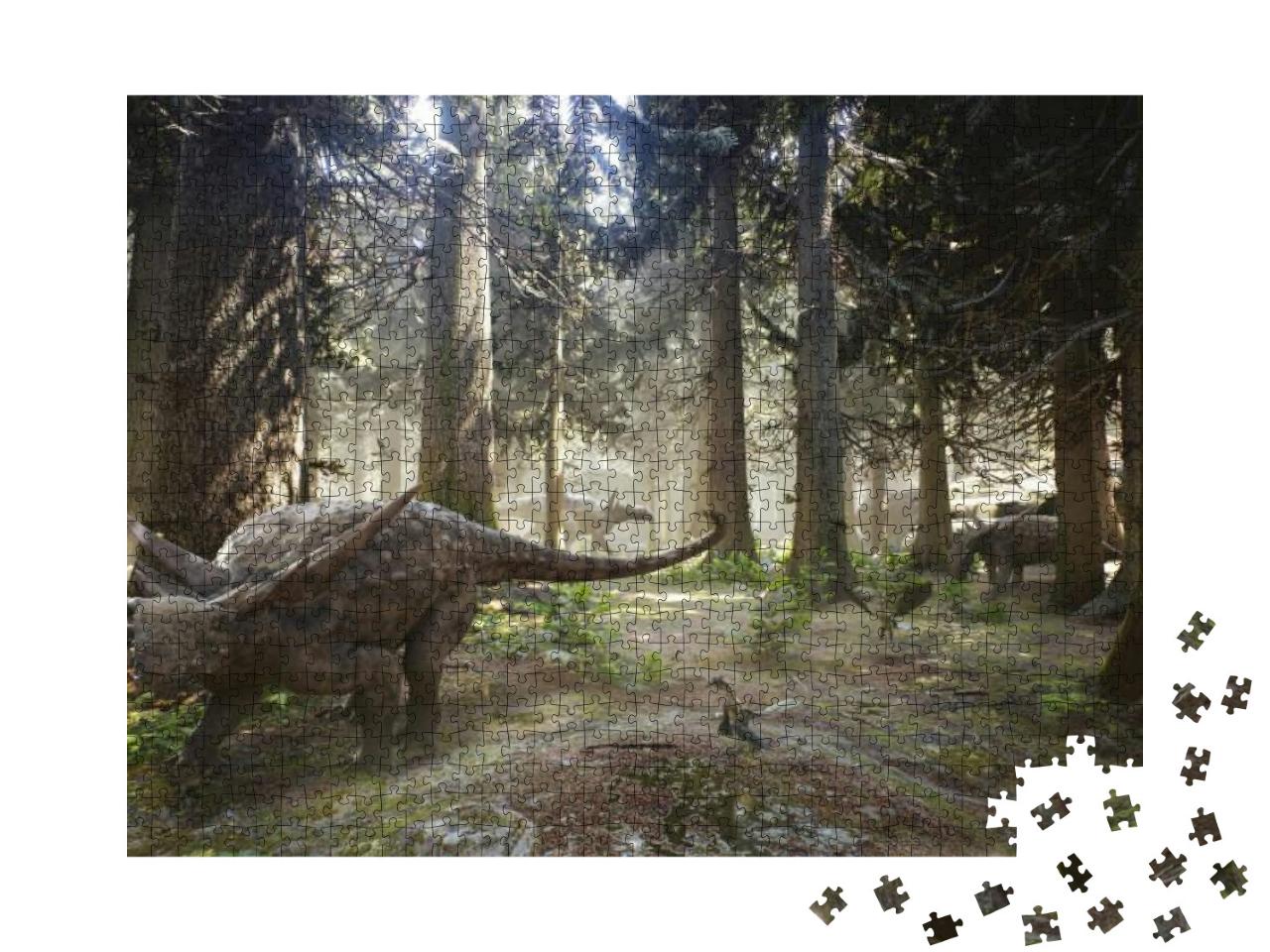 Puzzle 1000 Teile „Herde von Sauropelta-Dinosauriern grast in einem Wald“