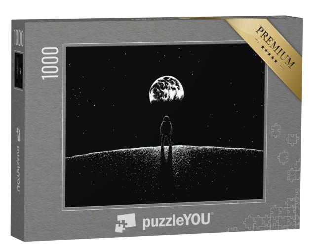 Puzzle 1000 Teile „Schwarz-Weiß: Astronaut blickt vom Mond auf die Erde“