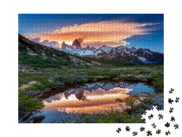Puzzle 1000 Teile „Blick auf den Fitz Roy mit Spiegelung im See, Patagonien, Argentinien“