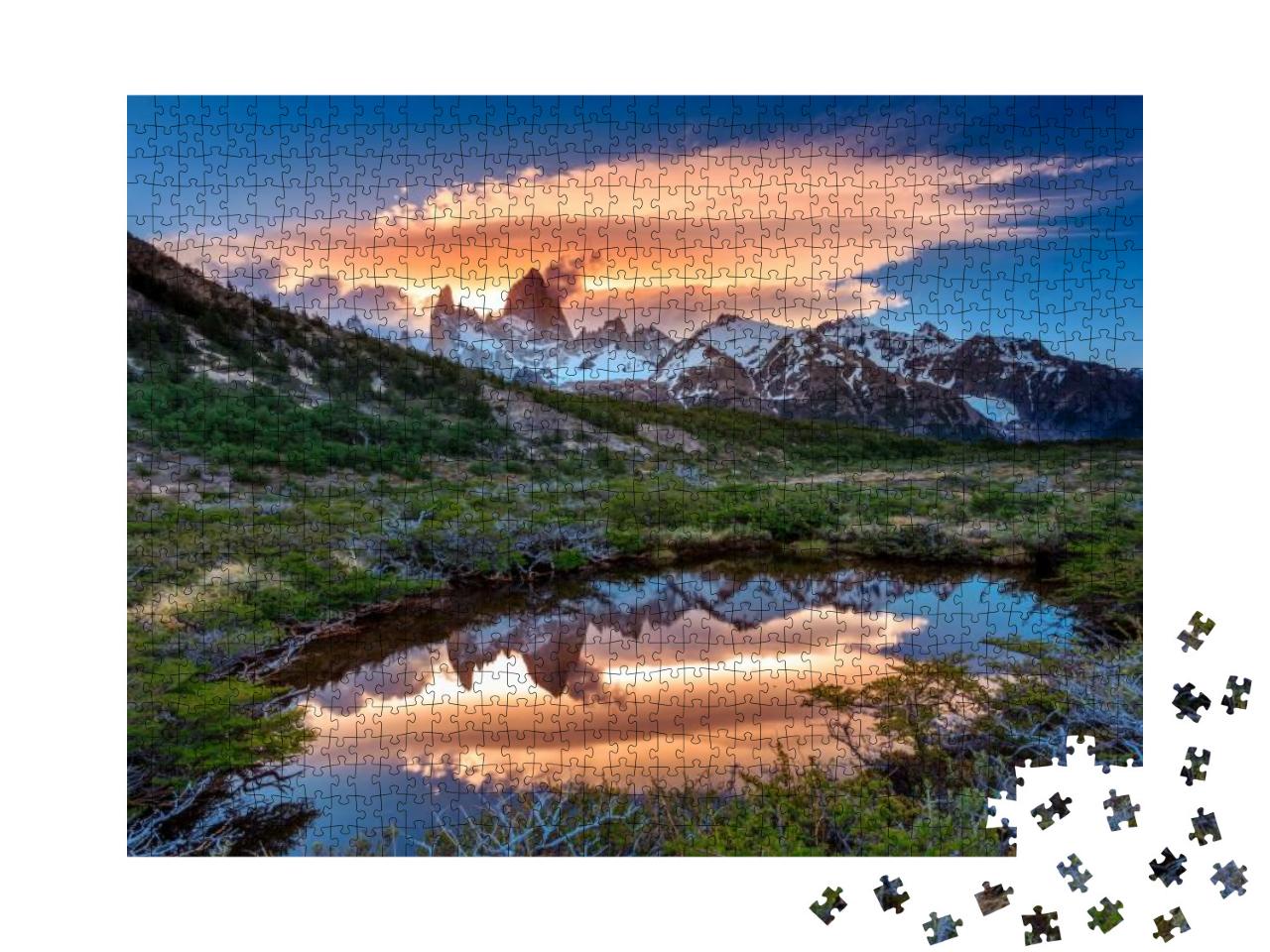 Puzzle 1000 Teile „Blick auf den Fitz Roy mit Spiegelung im See, Patagonien, Argentinien“