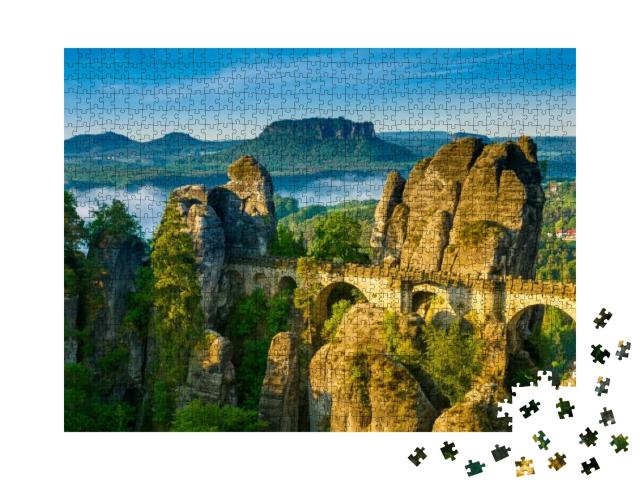 Puzzle 1000 Teile „Sonnenaufgang und Nebel an der Bastei, Sächsische Schweiz, Deutschland“