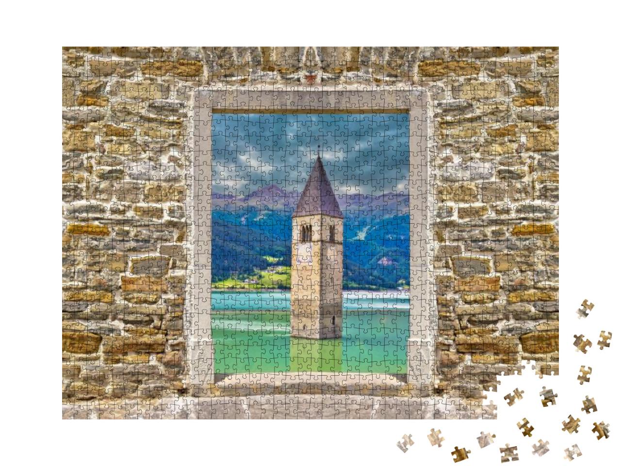 Puzzle 1000 Teile „Untergegangener Glockenturm von Curon Venosta“