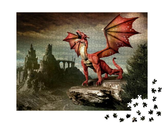 Puzzle 1000 Teile „Fantasielandschaft mit rotem Drachen und Burgruinen“