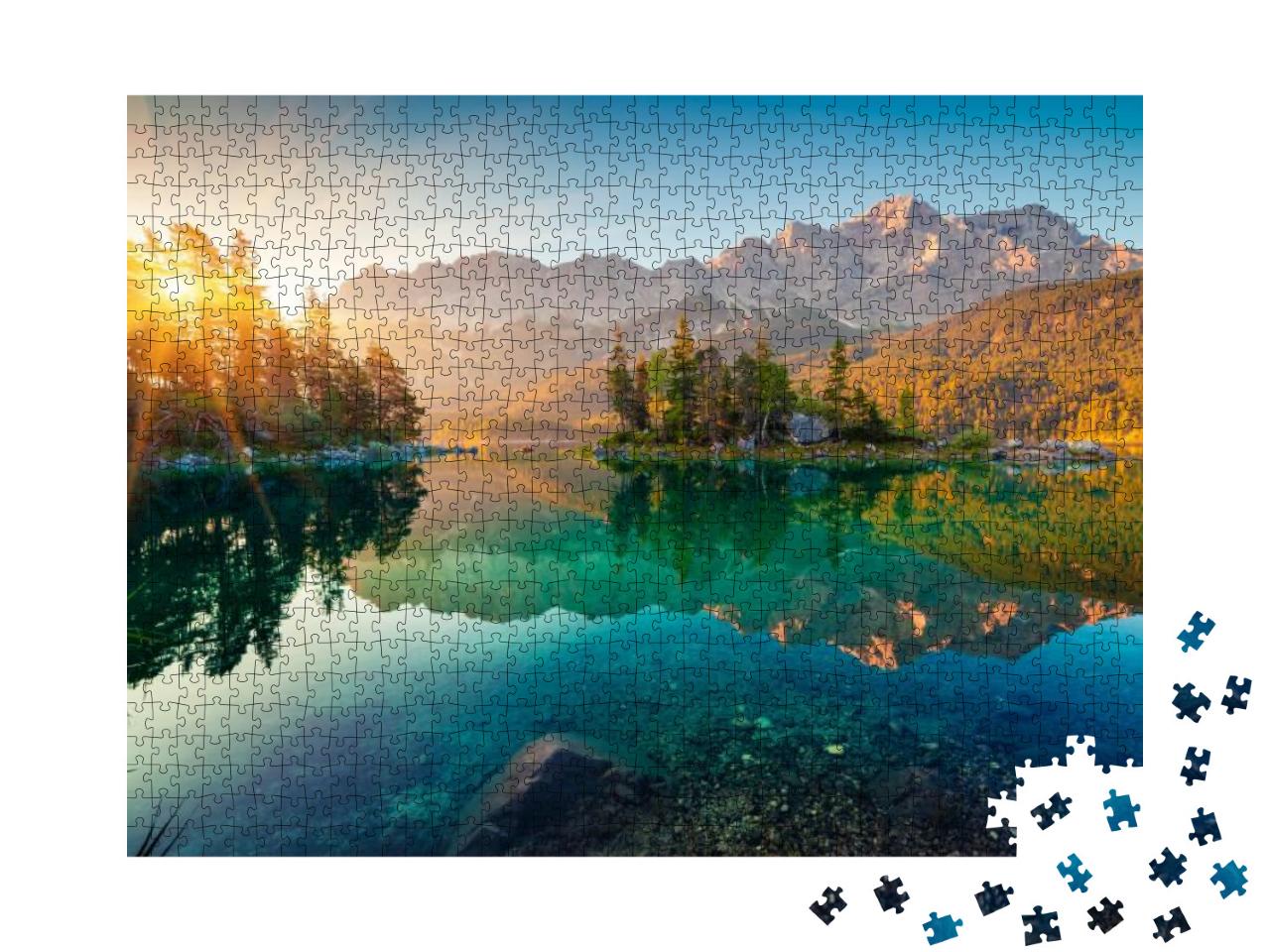 Puzzle 1000 Teile „Sommer-Sonnenaufgang am Eibsee mit Zugspitze“