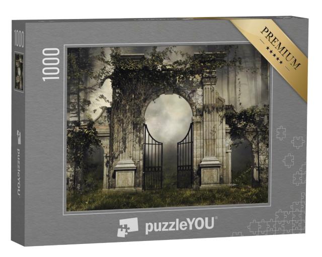 Puzzle 1000 Teile „Altes, umranktes Gartentor im Wald“