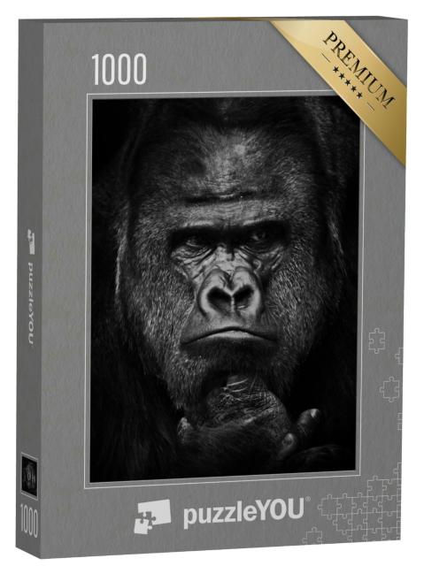 Puzzle 1000 Teile „Schwerer Blick des starken dominanten männlichen Gorillas“
