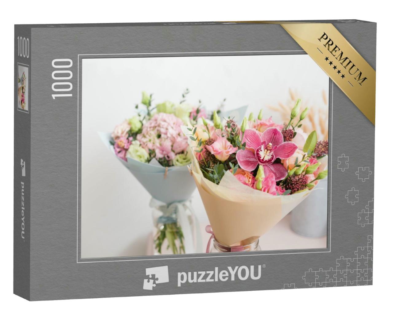 Puzzle 1000 Teile „Blumen auf einem Holztisch im Blumenladen“