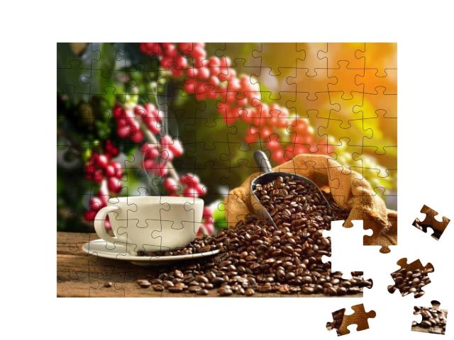 Puzzle 100 Teile „Dampfende Tasse Kaffee mit Kaffeebohnen “