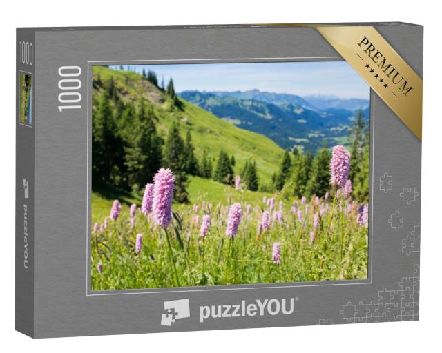 Puzzle 1000 Teile „Bayerische Alpen mit Bergblick und Wiesen im Allgäu“