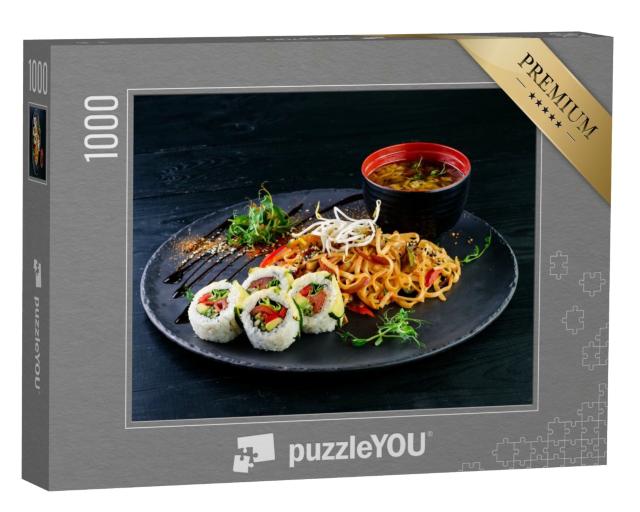 Puzzle 1000 Teile „Asiatisches Essen mit Nudeln, Huhn und Sushi“