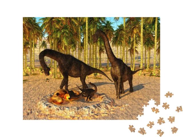 Puzzle 500 Teile „Dinosaurier-Baby Nest, Brachiosaurus-Eltern und Dino-Eier“
