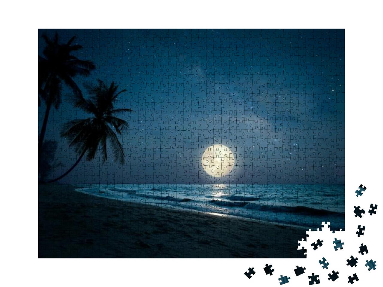 Puzzle 1000 Teile „Paradiesische Vollmondnacht am tropischen Palmenstrand“
