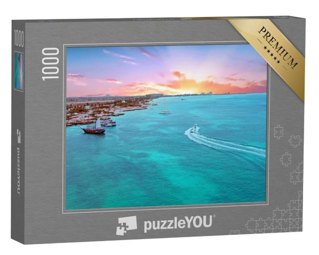 Puzzle 1000 Teile „Luftaufnahme von der Insel Aruba im Karibischen Meer bei Sonnenuntergang“