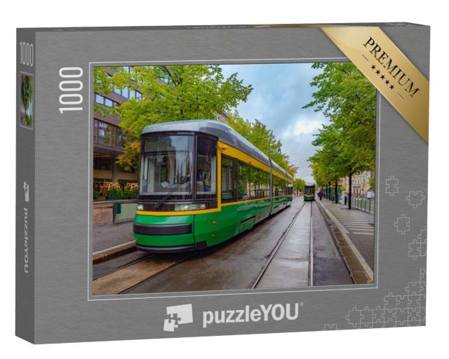 Puzzle 1000 Teile „Moderne Straßenbahn auf der Straße in Helsinki, Finnland“