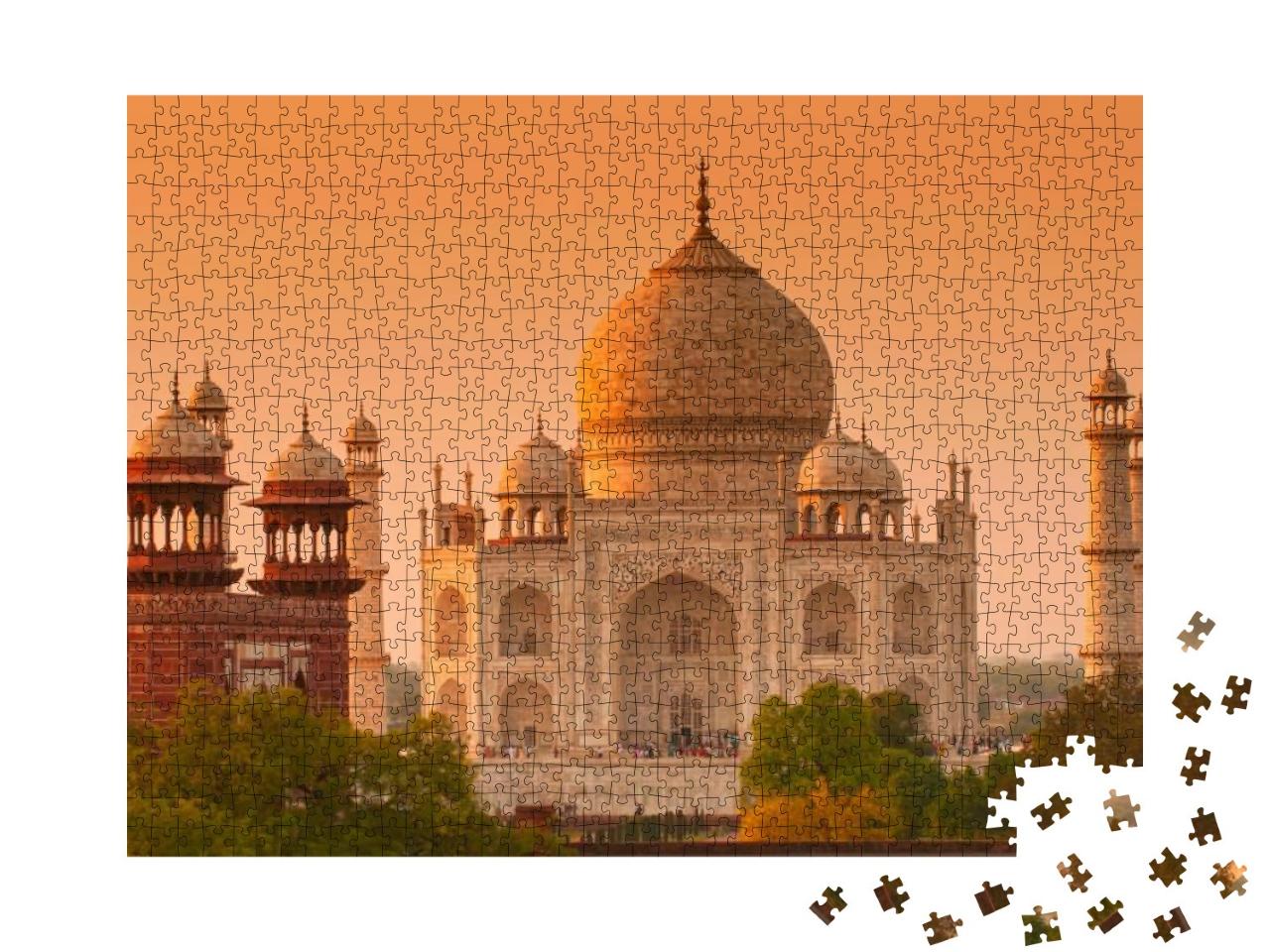 Puzzle 1000 Teile „Der Taj Mahal bei Sonnenaufgang, Agra, Uttar Pradesh, Indien“