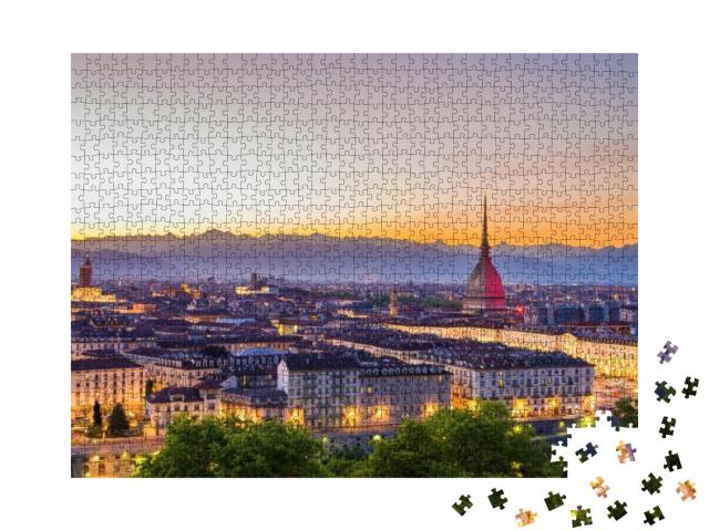 Puzzle 1000 Teile „Skyline von Turin in Italien, Stadtbild bei Sonnenuntergang“