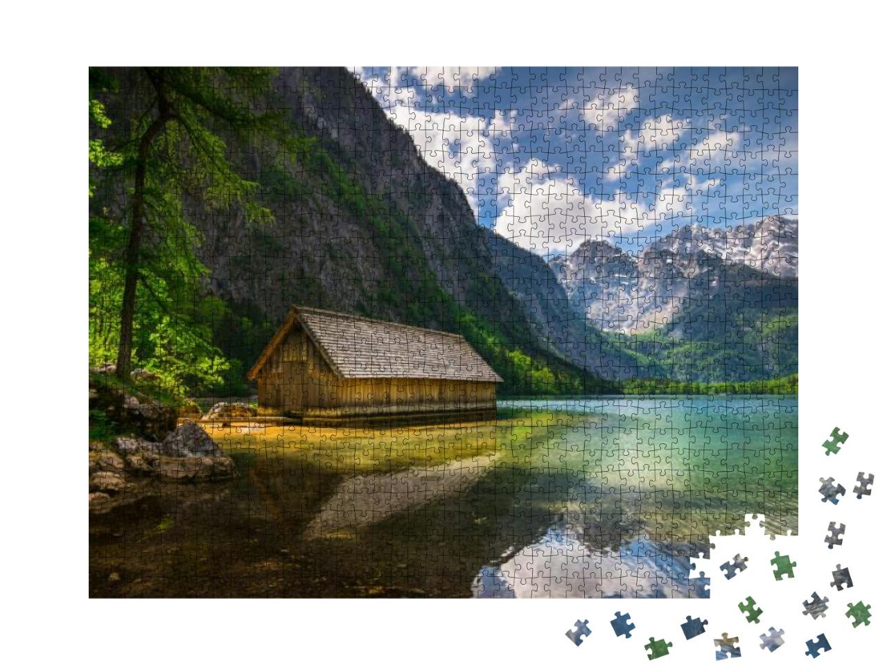 Puzzle 1000 Teile „Einsame Holzhütte an einem Bergsee“