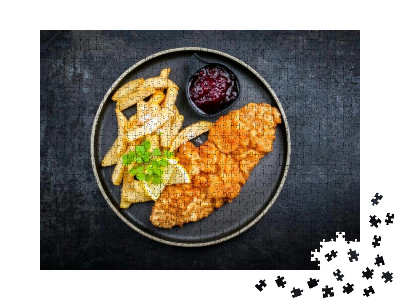 Puzzle 1000 Teile „Wiener Schnitzel mit Pommes frites und Preiselbeersauce“